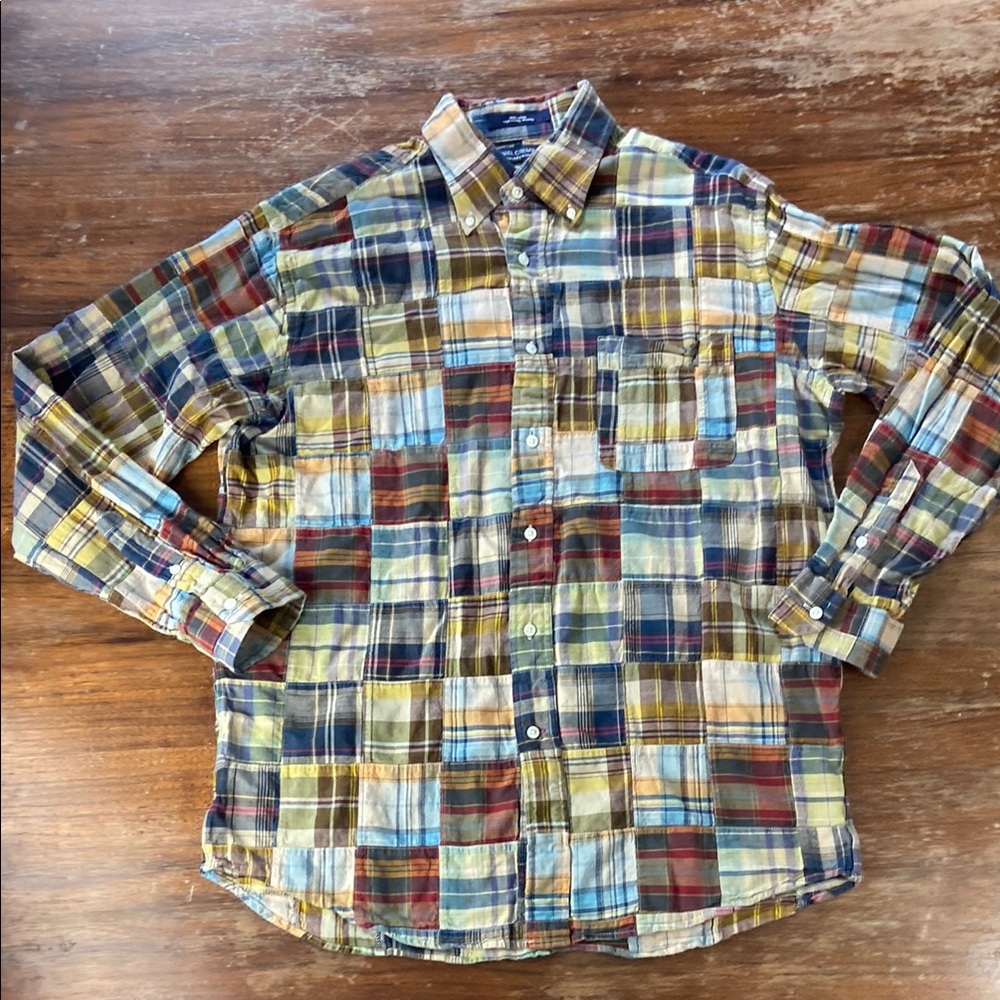 Daniel Cremieux plaid madras patchwork Button Down Shirt large long sleeve golf